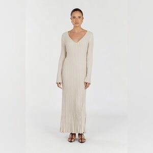 DISSH Beige Ribbed V-Neck Midi Dress